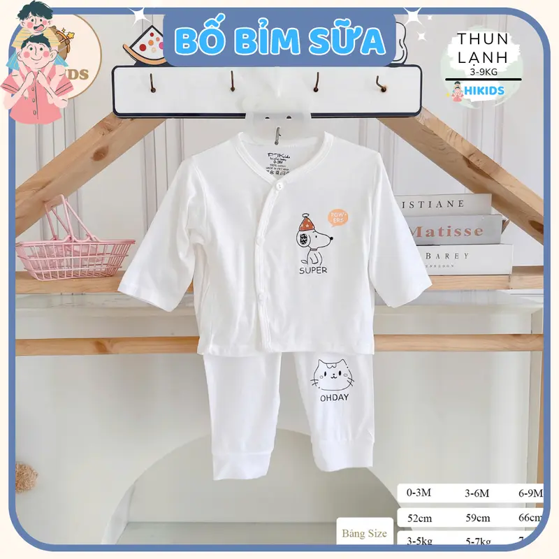 (Mỏng Mát) Combo 3 - 5 bộ quần áo dài tay sơ sinh TT chất thun lạnh cho bé  trắng in hoạ tiết cho bé 0 - 9 tháng [DL0] hikids set  đồ 3
