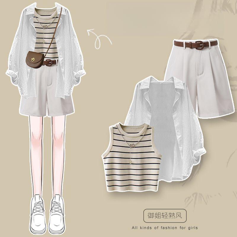 Product Introduction of Summer Set for Women 2024 New Fashion Versatile Sunscreen Shirt Striped Tank Top, Suit Shorts Three piece Set 1