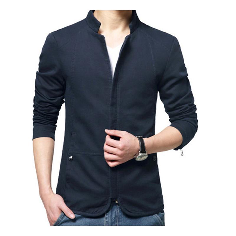 Casual Men Autumn Solid Color Stand Collar Zipper Pockets Thin Slim Blazer Coat 5