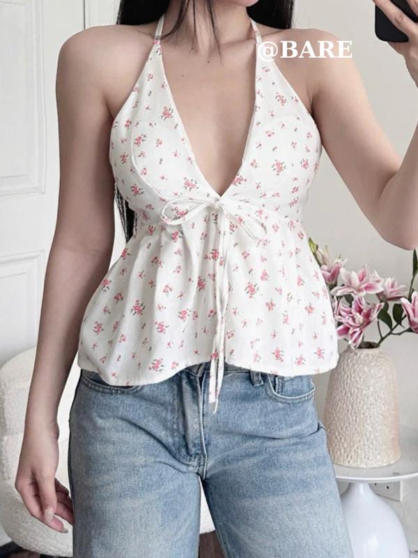 BARE_Áo Yếm Nữ Hở Lưng Hoa Nhí Cột Dây Sẵn Đệm Mút Chất Linen Áo Yếm Nữ Dáng Babydoll Gợi Cảm_A504