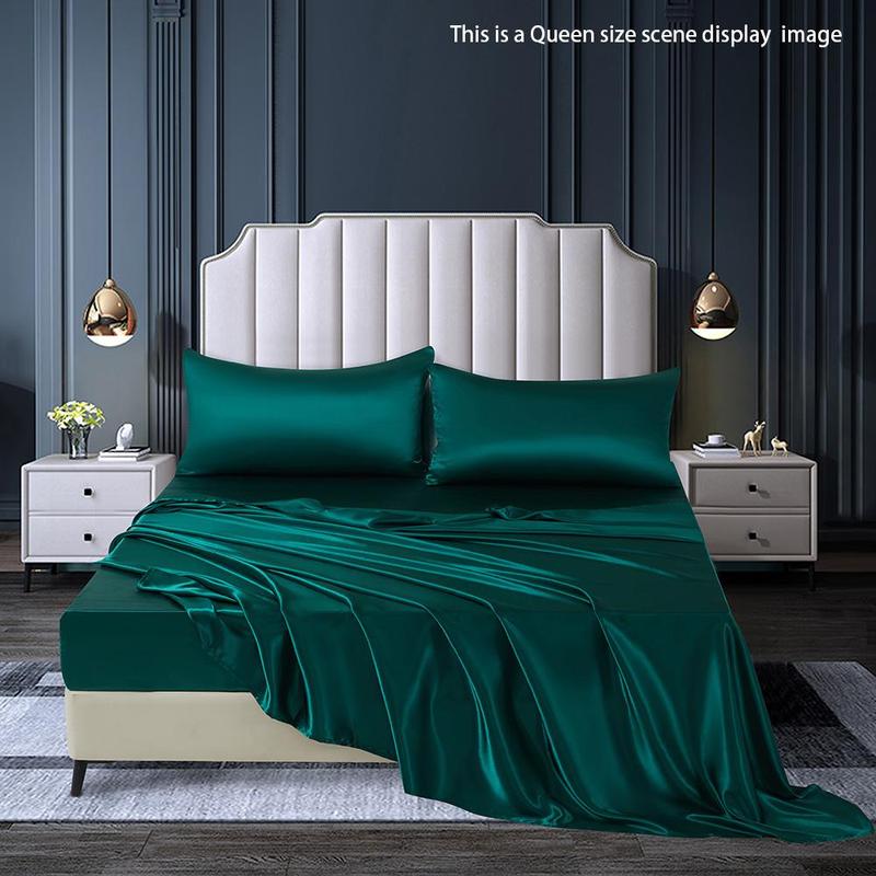 Solid Color Satin Bedding Set (4 Counts/set), Including 1 Flat Sheet, 1 Fitted Sheet & 2 Pillowcase without Filler, Soft Comfortable Bedding Set for Home Bedroom 7