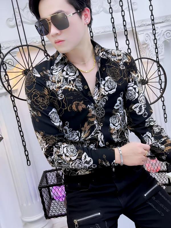 Áo sơ mi lụa nam họa tiết hoa hồng vàng trắng  nam tính Menswear Shirt Tre 3