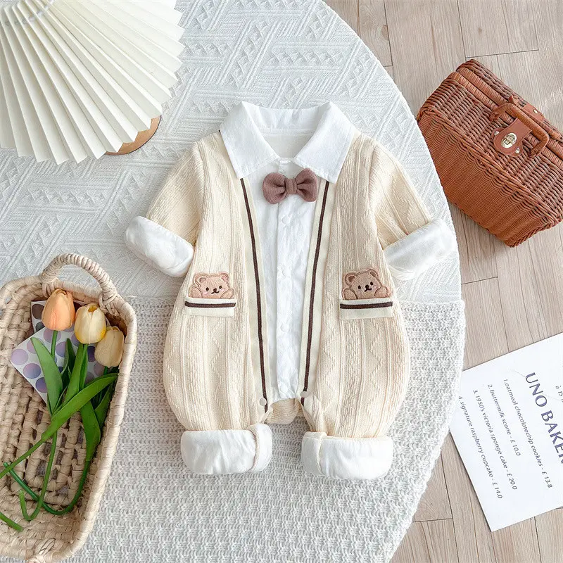 Quần Áo Trẻ Em, Bộ Sưu Tập Mới Mùa Thu, Bộ Đồ Áo Liền Quần Dài Tay Hai Lớp Cho Bé Trai, Phong Cách Preppy Ấm Áp, Áo Liền Quần Quý Ông Siêu Đẹp Trai, Phong Cách Hàn Quốc, Thích Hợp Cho 0-36 Tháng