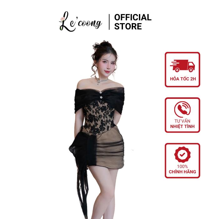 Váy Đẹp Trễ Vai Phối Voan Tơ Đính Đá LECOONG V773 Đầm Tiểu Thư Màu Nâu Đen Đi Tiệc Sang Chảnh