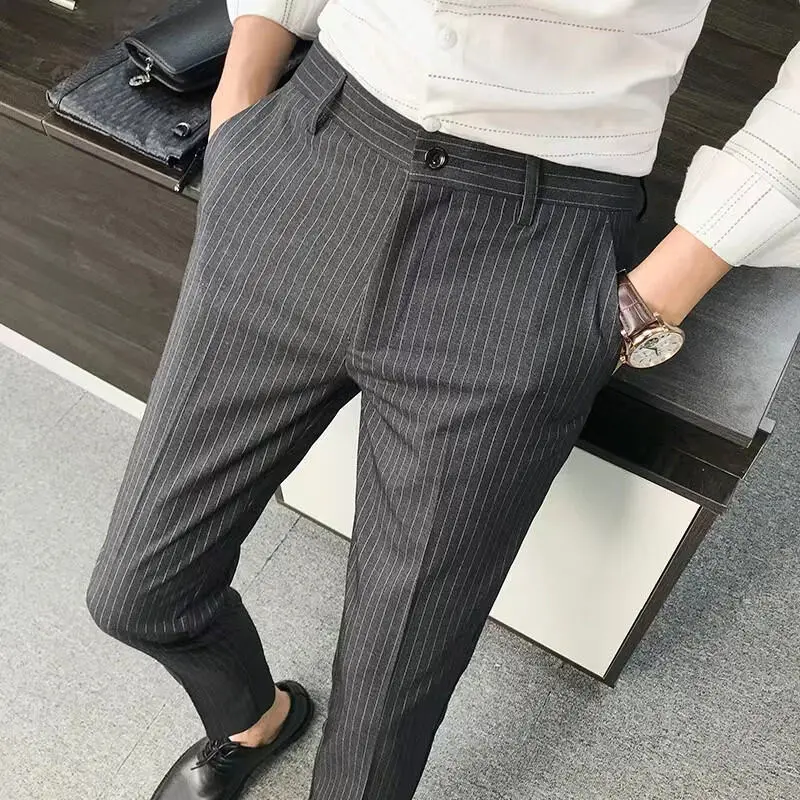 Quần Âu Nam, Phong Cách Hàn Quốc, Thiết Kế Sọc, Thường Ngày, Chất Lượng Cao, Thời Trang, Cổ Điển Menswear Pants Có Túi Màu Đen 3