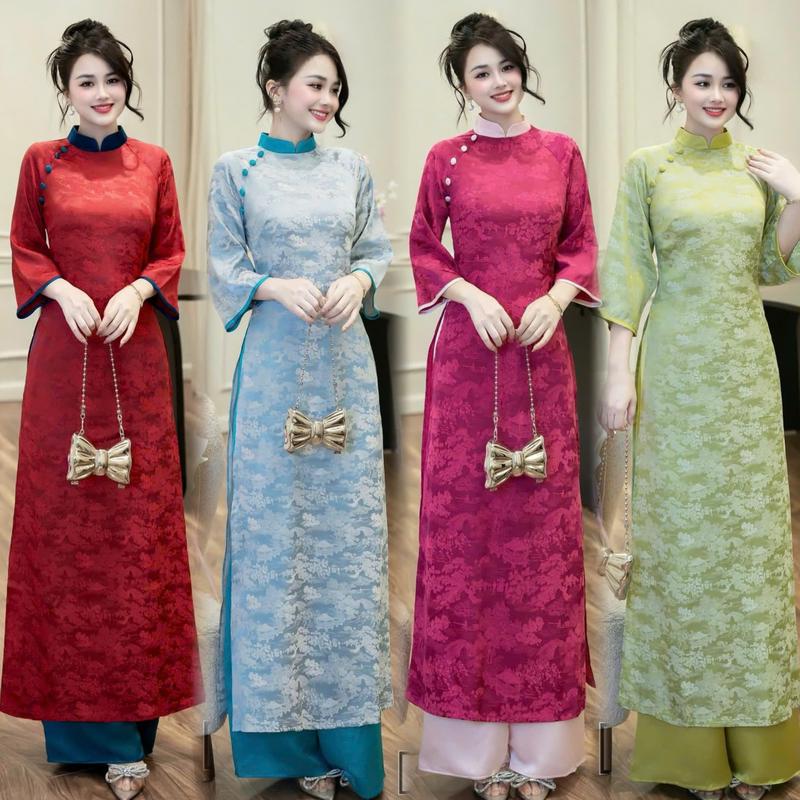 Áo dài cách tân nữ dáng suông gấm Tơ Tằm cổ cao tay loe tết 2025 5 màu - MÃ G31-G35