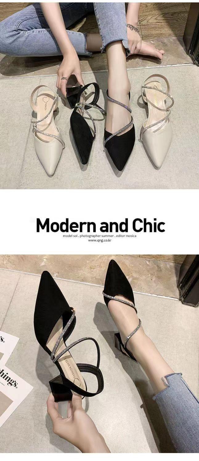 Product Introduction of Women's Sandals Summer Mid Heel Pointed Toe Pumps Closed Toe Chunky Heel Rhinestone Women's Shoes Word Buckle High Heels 17