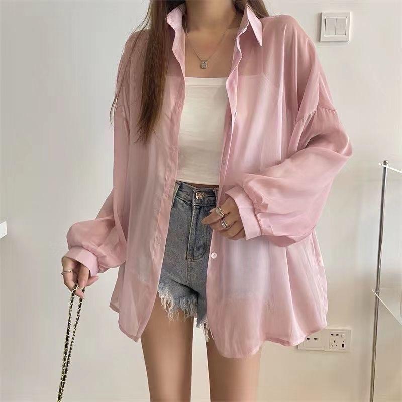 Áo sơ mi mỏng xuyên thấu nhiều màu dáng rộng freesize thời trang nữ Famos 4