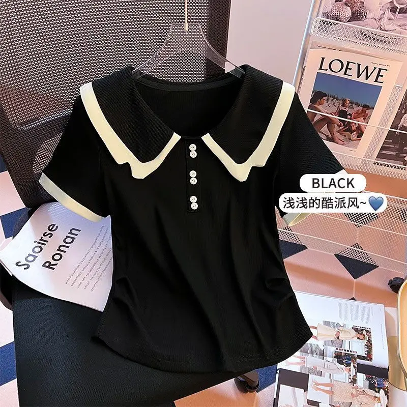 Áo Thun Ngắn Tay Cổ Búp Bê Phong Cách Preppy Cho Nữ Hàng Mới Về Mùa Hè 2024 Áo Thun Dễ Phối Đồ Trẻ Trung Ngọt Ngào