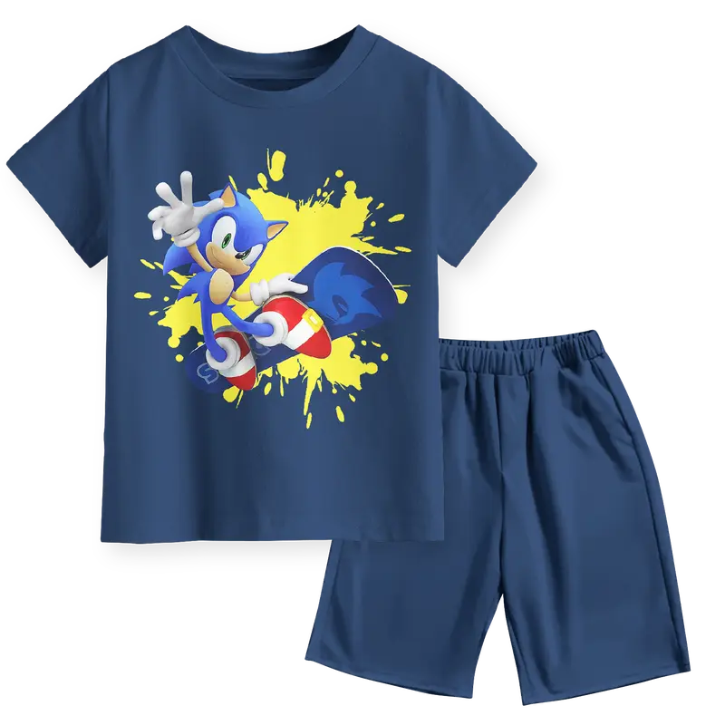 Setelan Kaos Lengan Pendek dan Celana Unisex Laki-laki Perempuan Motif Kartun 1