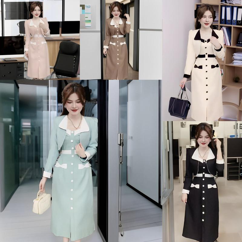 [Xả Kho] Set 2 Món Váy Dáng Dài Áo Khoác Ngoài Vải Cotton Lạnh Bigsize  50 - 100Kg Dễ Thương Nữ Women Dress Đen - A.1282