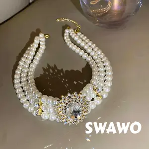 [Swawo] Kalung Pendek dengan Desain Manik-Manik Mutiara Bertingkat dan Desain Batu Permata Palsu Berhias Berlian A509