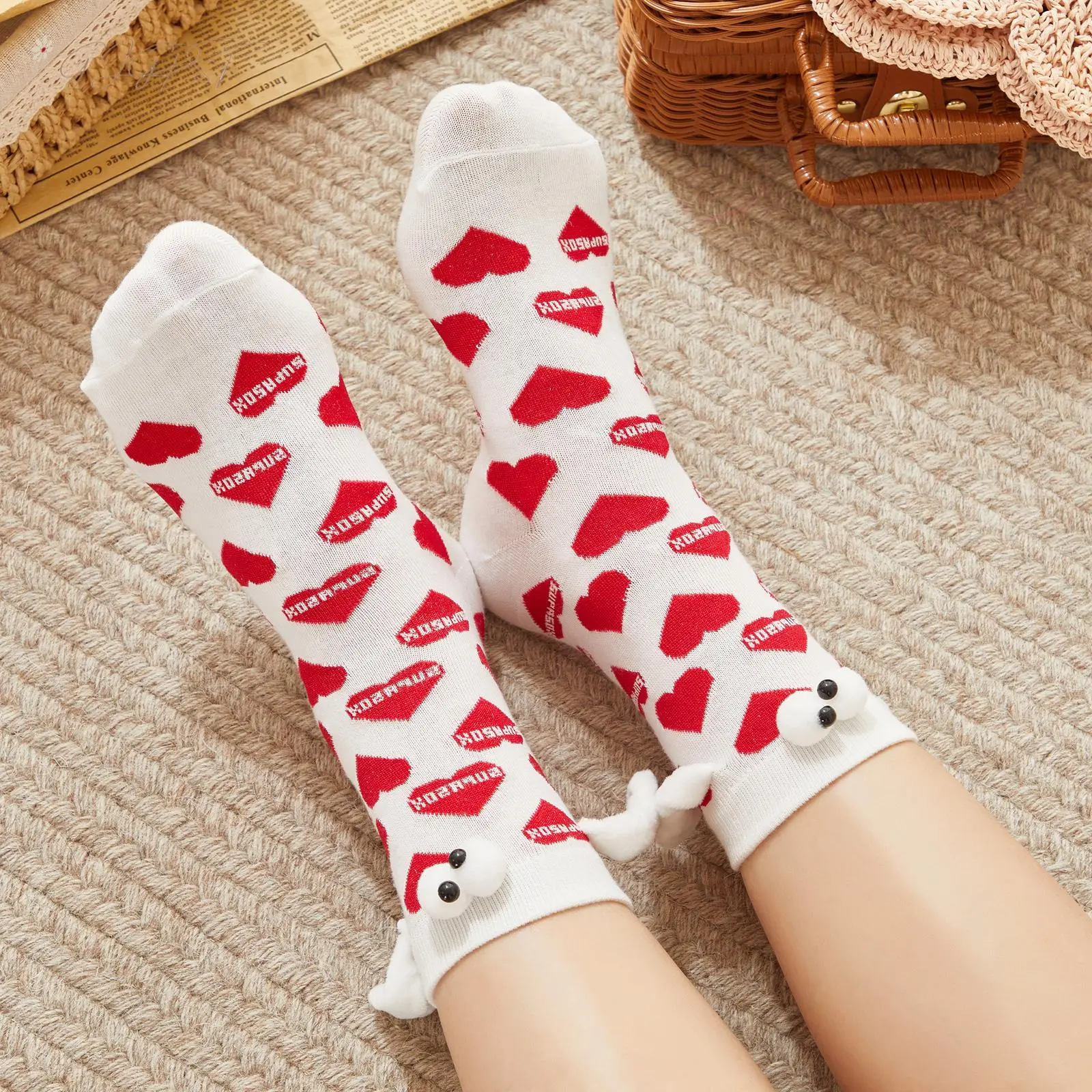 Adult Holding Hands Socks Cute Valentine's Day Soft Heart Socks with Magnetic Hands Novelty Walking Socks