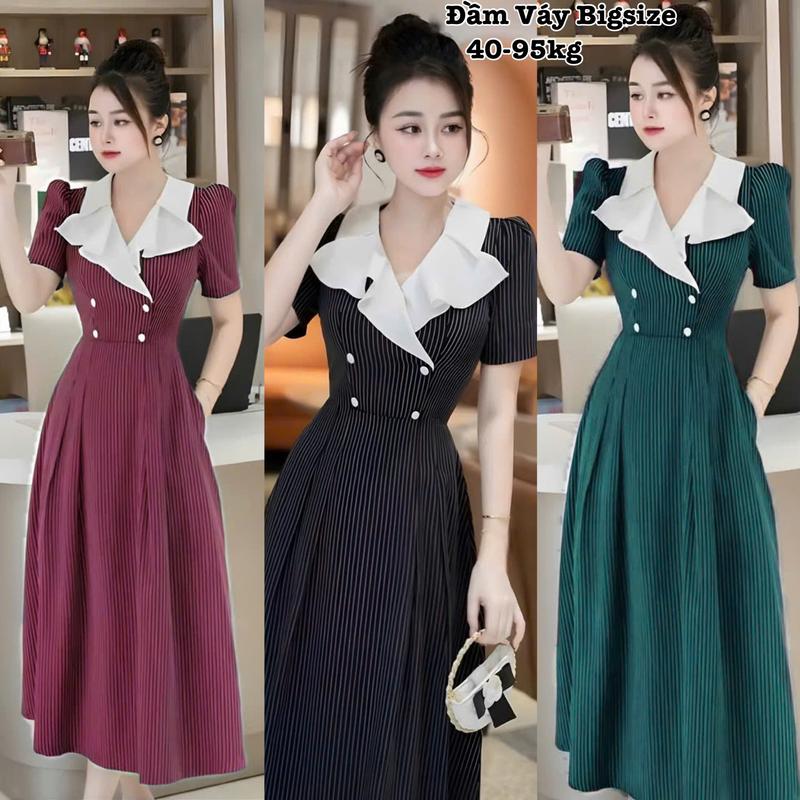 Đầm Váy Bigsize Thiết Kế Kẻ Sọc Cổ Bèo Vest Dáng Dài Nữ Cao Cấp Xinh Đẹp Sang Trọng Phù Hợp Đi Làm Đi Chơi Dự Tiệc Dễ Thương Giá Rẻ 40-95kg Dress Women - 2310