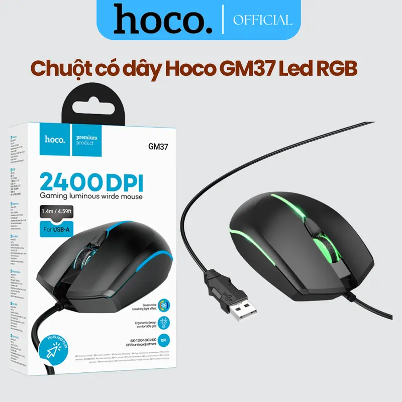 Chuột máy tính có dây Hoco GM37 Có Led RGB, chỉnh DPI 2