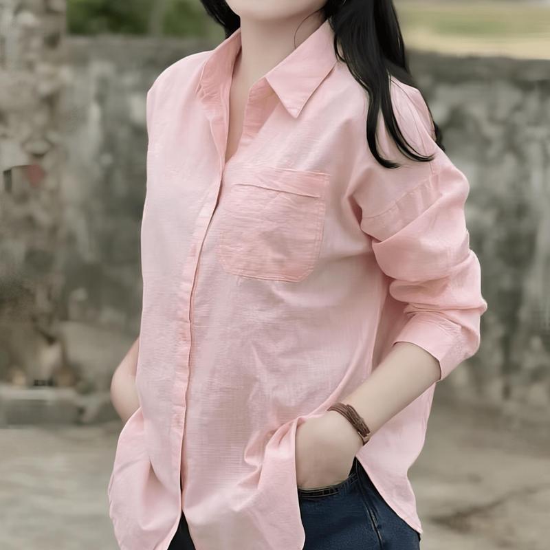 Áo Sơ Mi Nữ Nhiều Màu 1 Túi Chất Liệu Linen Mềm Mát Freesize Form Rộng Cổ chữ V Cotton Top Shirt
