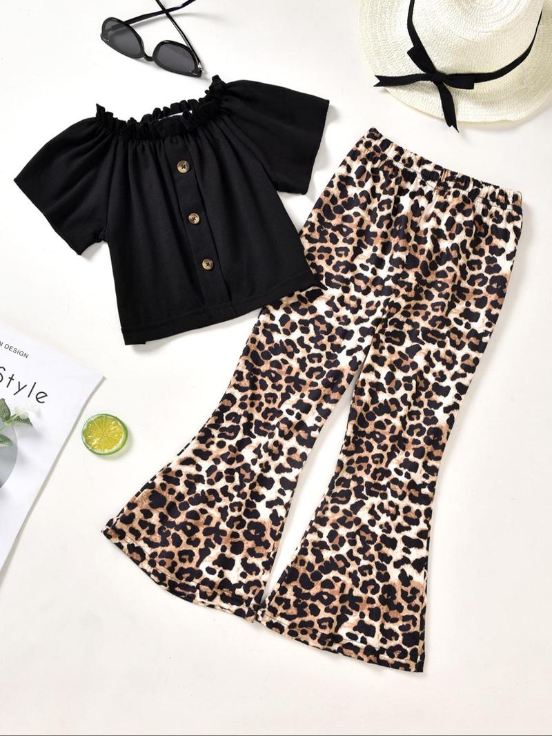 Product Introduction of Toddler Girl's Solid Fake Buttons Top & Leopard Print Flare Leg Pants Two-piece Set, Casual Fashion Cozy Two Piece Outfits for Daily Outdoor Wear, Toddler Girls Clothing for Summer 1