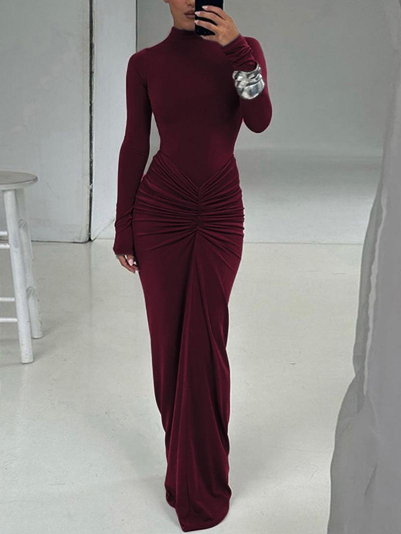 Product Introduction of Women's Plain Ruched Mock Neck Bodycon Dress, Elegant Long Sleeve Maxi Dress for Party Dating Wear, Evening Dresses, Women's Clothing for Fall & Winter, Workwear for Women, Sassyandclassyclothing 10