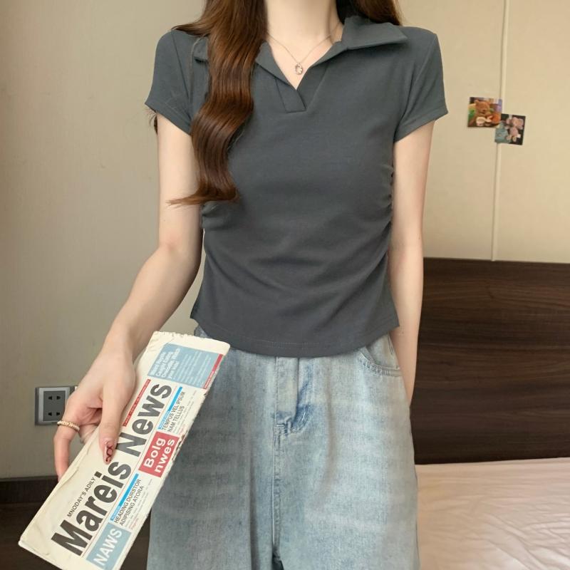 Product Introduction of 106 # Real Shot Real Price 40s Pure Cotton 210g (92% Cotton/8% Spandex) Polo Collar Waist-Cinching Short Sleeve T-Shirt for Women Top Womenswear 30