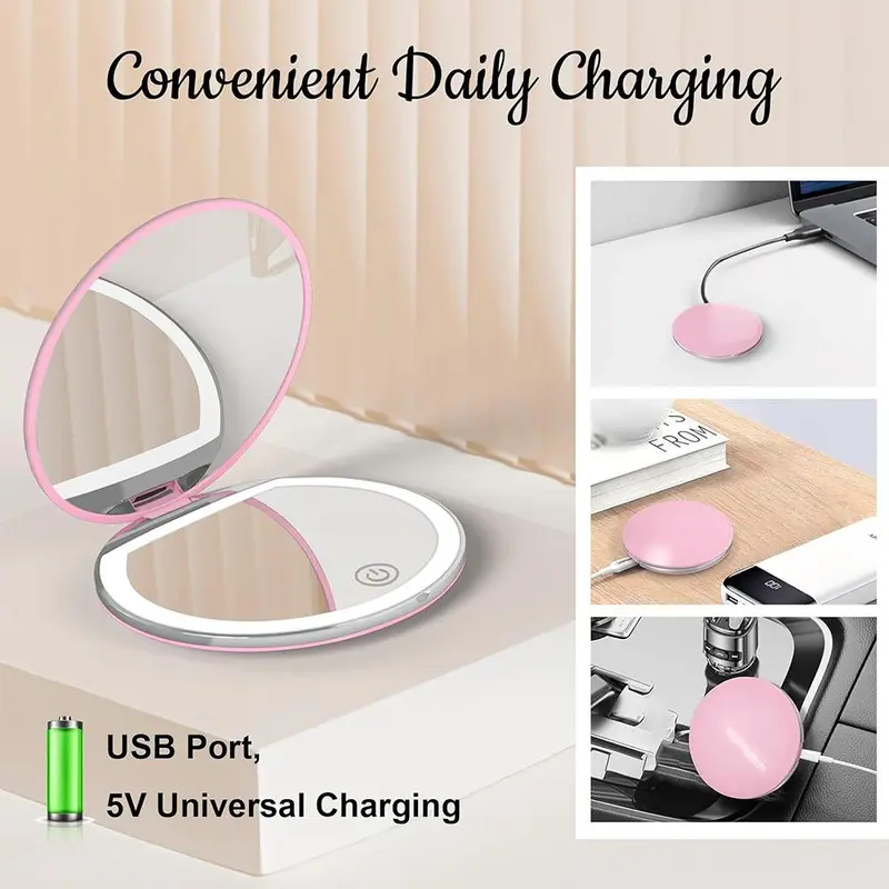 Round LED Makeup Mirror, Portable Foldable Cosmetic Mirror, USB Rechargeable Touch Adjustable Mirror for Travel Home Car 4