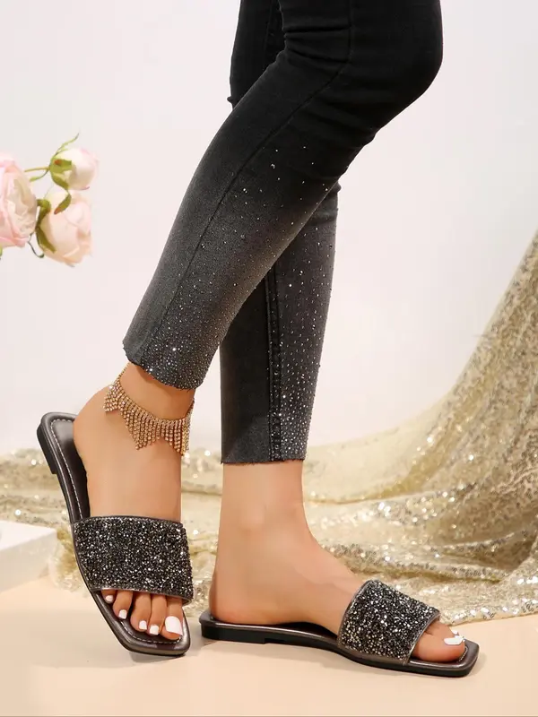 Women's Simple Plain Glitter Rhinestone Decorated Slide Sandals, Casual Comfortable Flat Sandals, Fashionable Sandals for Summer Beach Wear 5