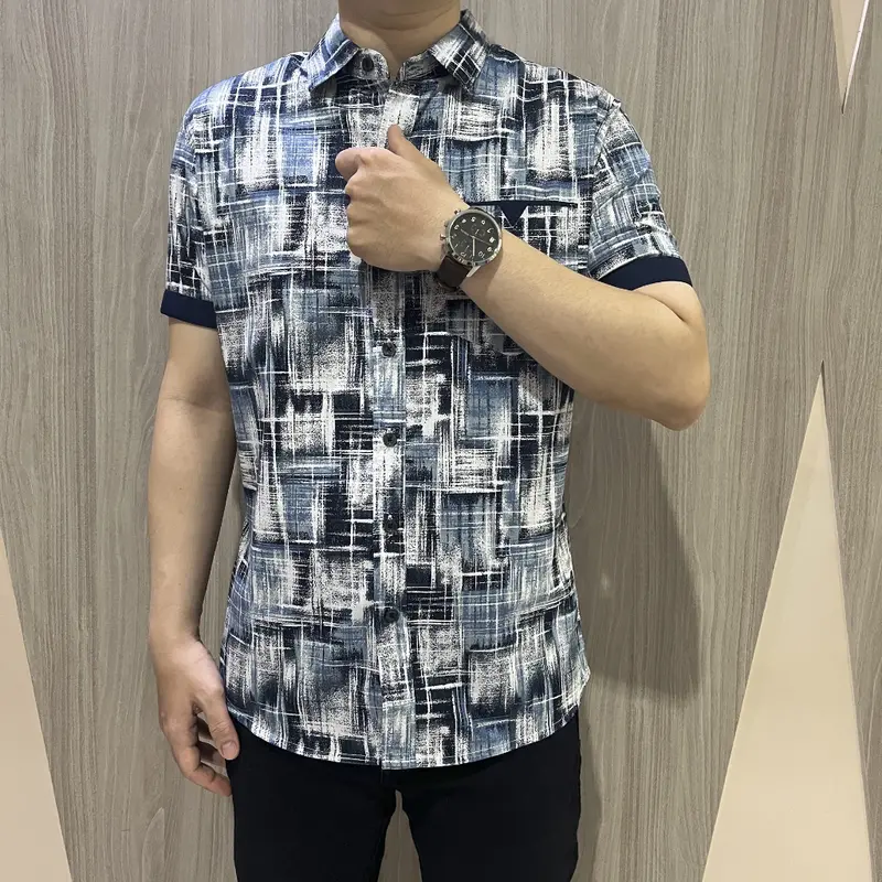 [GRIDLINE - S321 Light Brown & Pigeon Blue - S271 Navy] Kemeja Pria Slimfit Katun Lengan Pendek Print Bagus Berkualitas Premium Modern 6