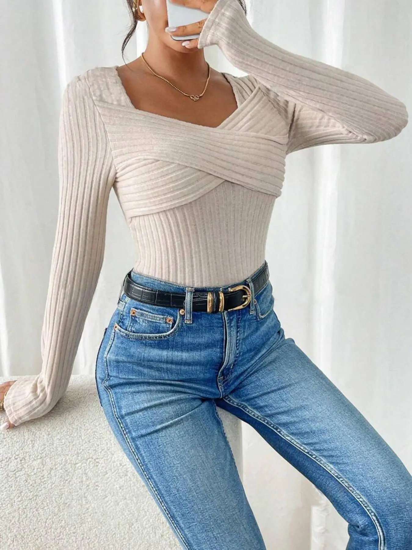 Women's Plain Criss Cross Sweetheart Neck Ribbed Tee, Casual Long Sleeve T-shirt for Fall & Winter, Women's Clothing for Daily Wear Valentine's Day, gift