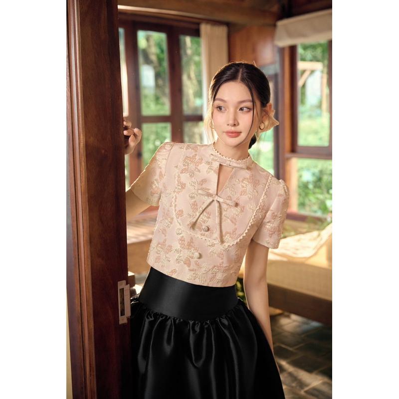 CÉLESTE - Set Váy Gấm Hoạ Tiết Hoa Nổi Cổ Tàu Đính Nơ Joyce Set 3