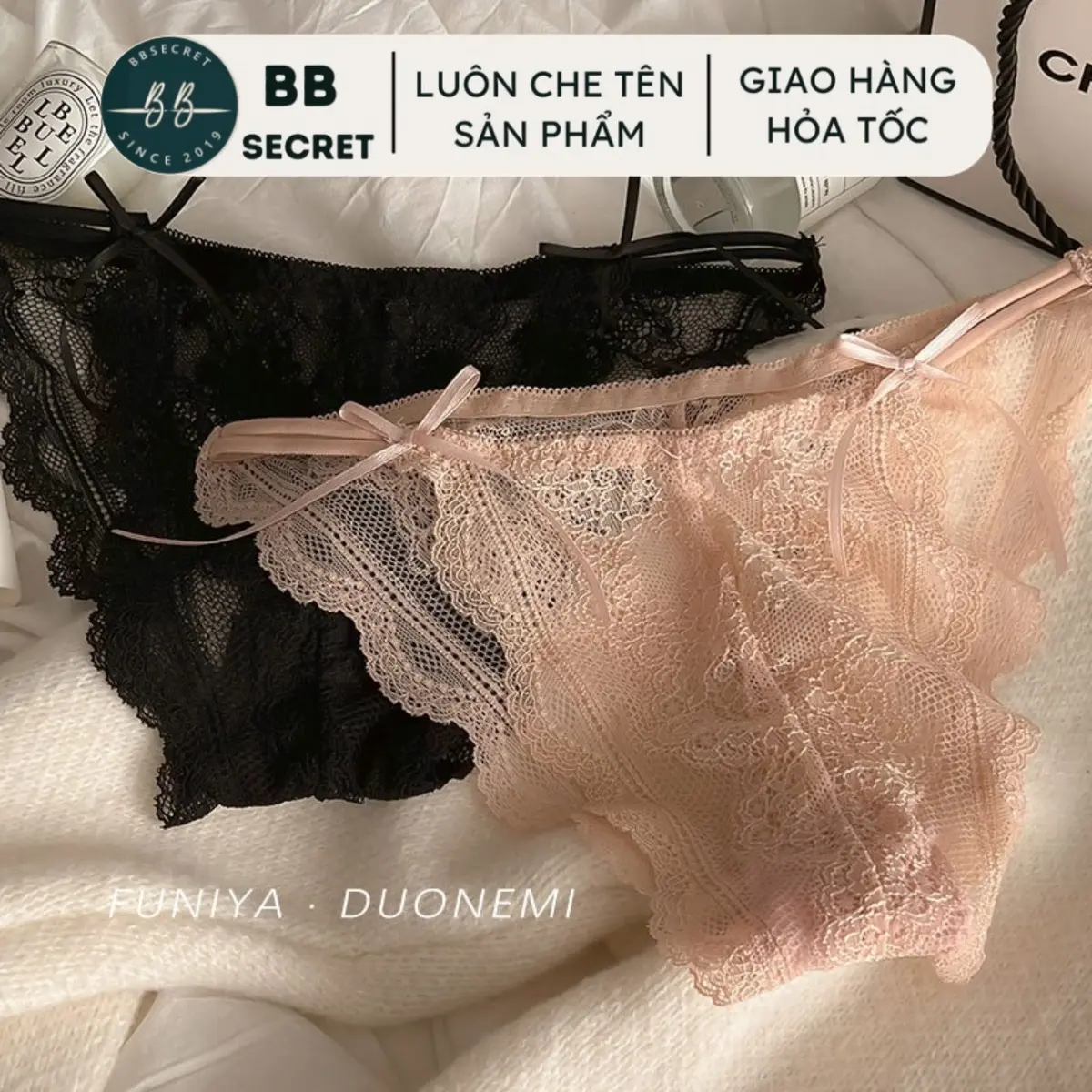 Quần lót ren nữ mềm mại thoáng mát ôm dáng đính nơ 2 bên đẹp điệu đà - BB Secret [ Đen - Trắng - Xám - Hồng ] bông chỉ giặt tay quanren nu lưới Women Cotton quan lot dethuong đồ
