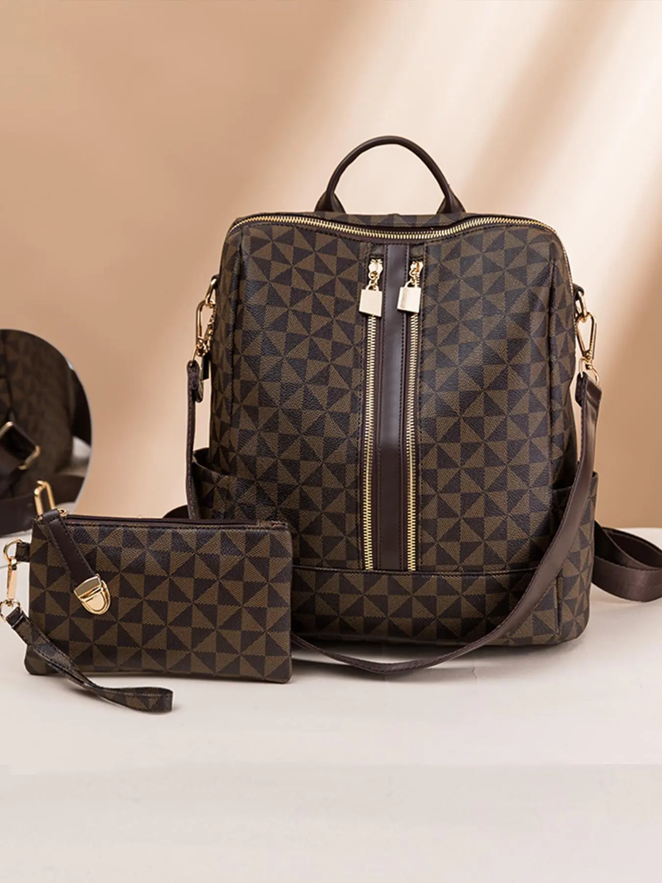 Women's Fashionable Geometric Pattern Backpack & Wallet Set, Casual Large Capacity Backpack & Wallet Set, Trendy Versatile Backpack Set for Work & School