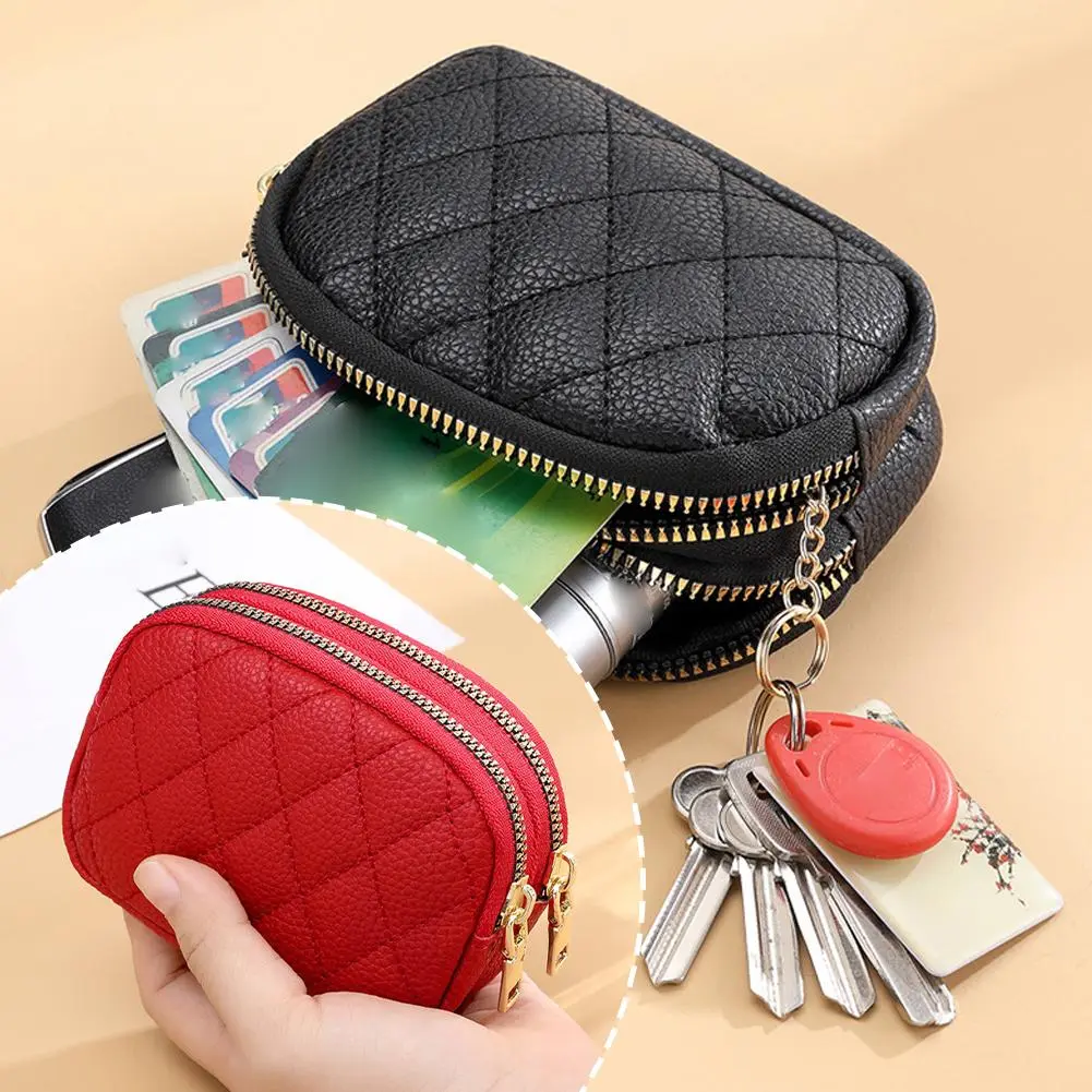 Unisex Soft Leather Small Coin Purse Plaid Double Coin Wallet For Woman Sale Mini Pouch Korean T9H6