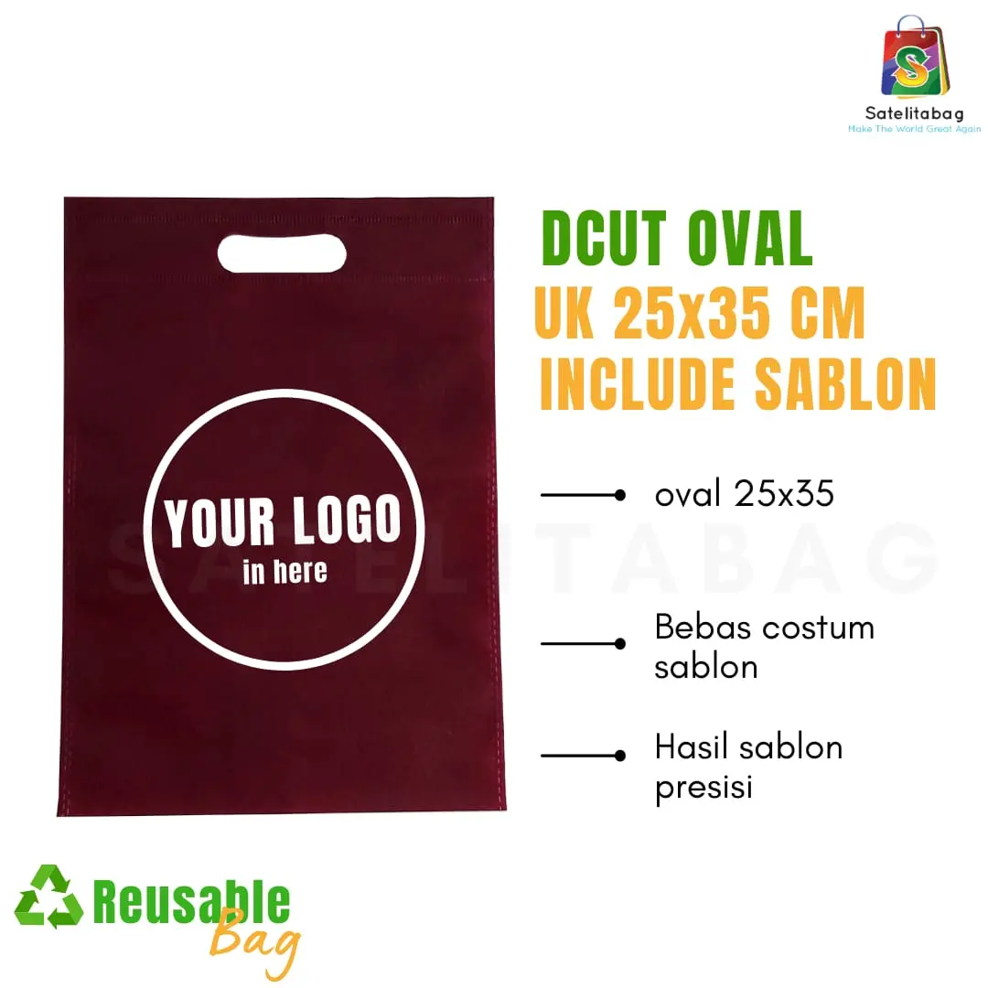 (ISI 20 PCS) TAS GOODIEBAG SOUVENIR DCUT PLONG OVAL 25X35 PLUS SABLON (FREE DESAIN) Plastik Belanja