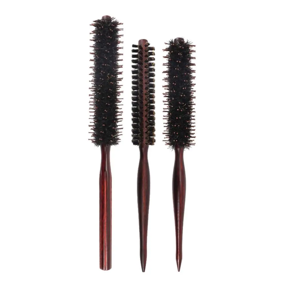 Natural Boar Bristle Hair Brush Hair Comb Small Roller Round Brush Wooden Handle Roll Comb for Hairdressing Styling Tool