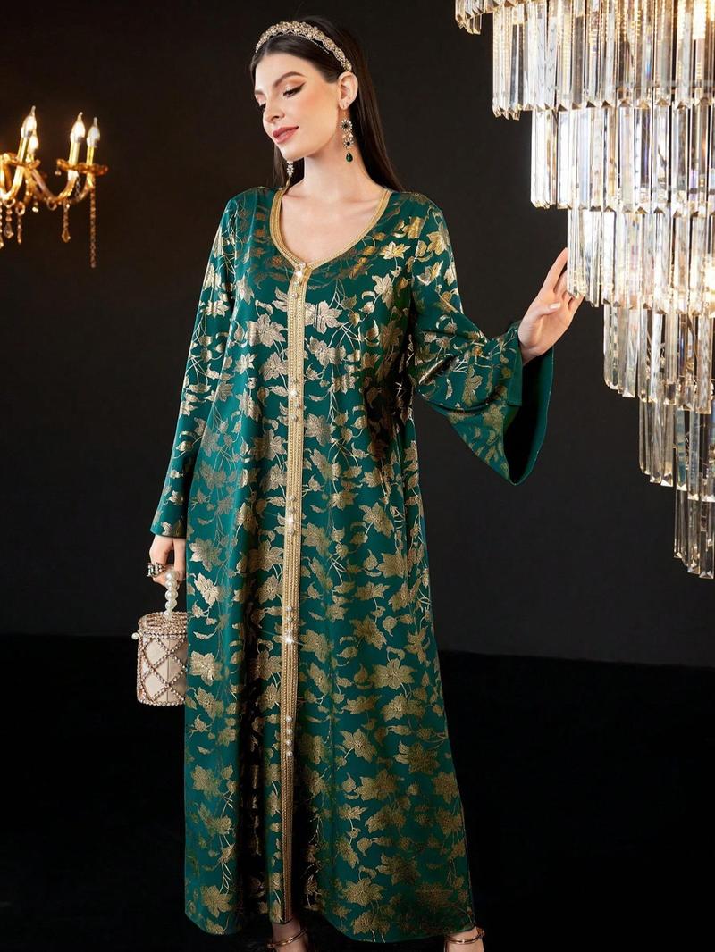 Product Introduction of Women's Floral Print Long Sleeve Dress, Elegant Open Front Maxi Muslim Dress for Party Daily Wear, Ladies Islamic Clothing for All Seasons 3