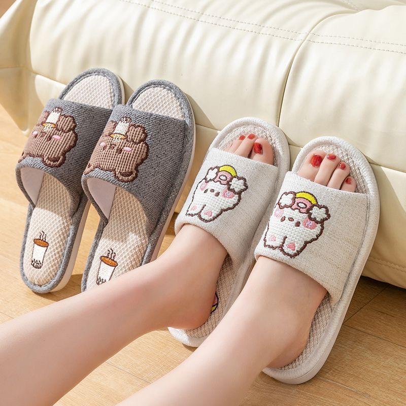 Dép Vải Lanh Luxury Đi Trong Nhà Họa Tiết Gấu Thỏ Cute cao cấp New 2024,Dép văn phòng vải,đế cao su chống trượt,dép vải công sở