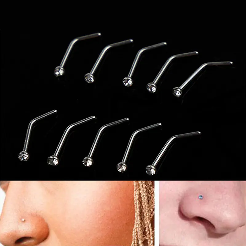 10Pcs Rhinestone Stainless Steel Screw Nose Hoop Ring Stud Body Piercing Jewelry