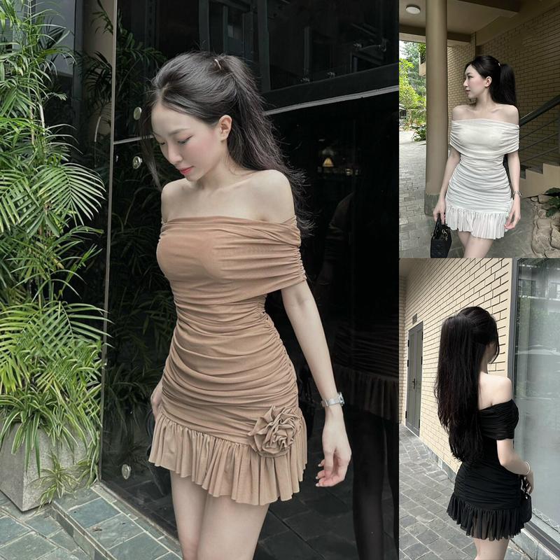 Váy lưới ren trễ vai ôm eo hoa đính nổi dễ thương 3 màu đen nâu trắng dễ thương Nữ Women Dress Nhung Tre Thun Voan
