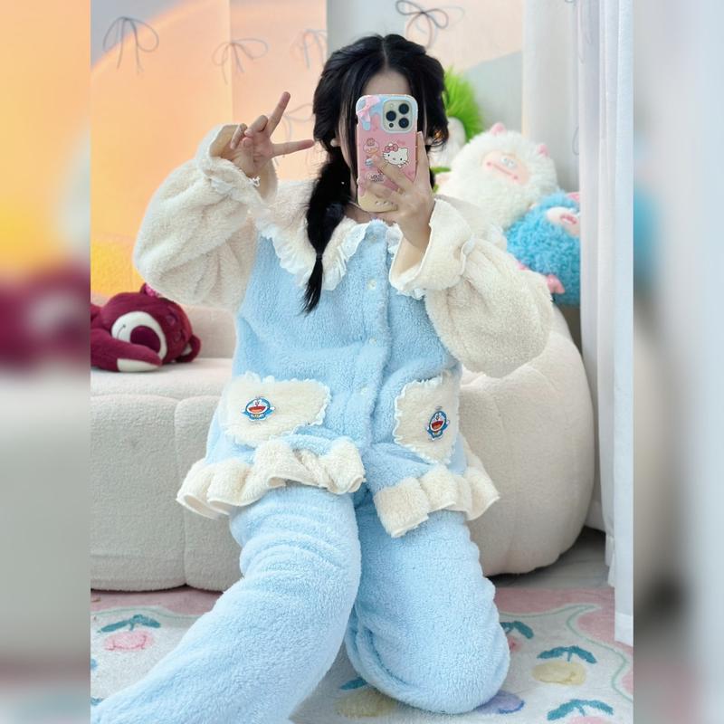 [QC]Bộ ngủ nữ lông  dài tay BÈO HELLO KITTY mềm mại ấm áp Xưởng may Sm Women Áo Quần Ngủ Áo Ngủ Pijama