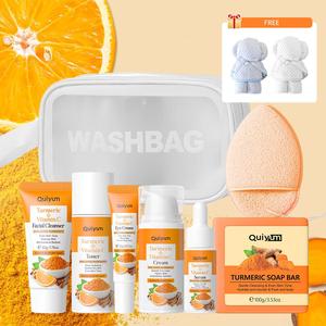 Turmeric Skin Care Set, 1 Set Cleanser & Toner & Serum & Eye Cream & Face Cream & Soap Bar & Makeup Bag & Facial Puff & Bear Towel, Moisturizing Skin Care Kit