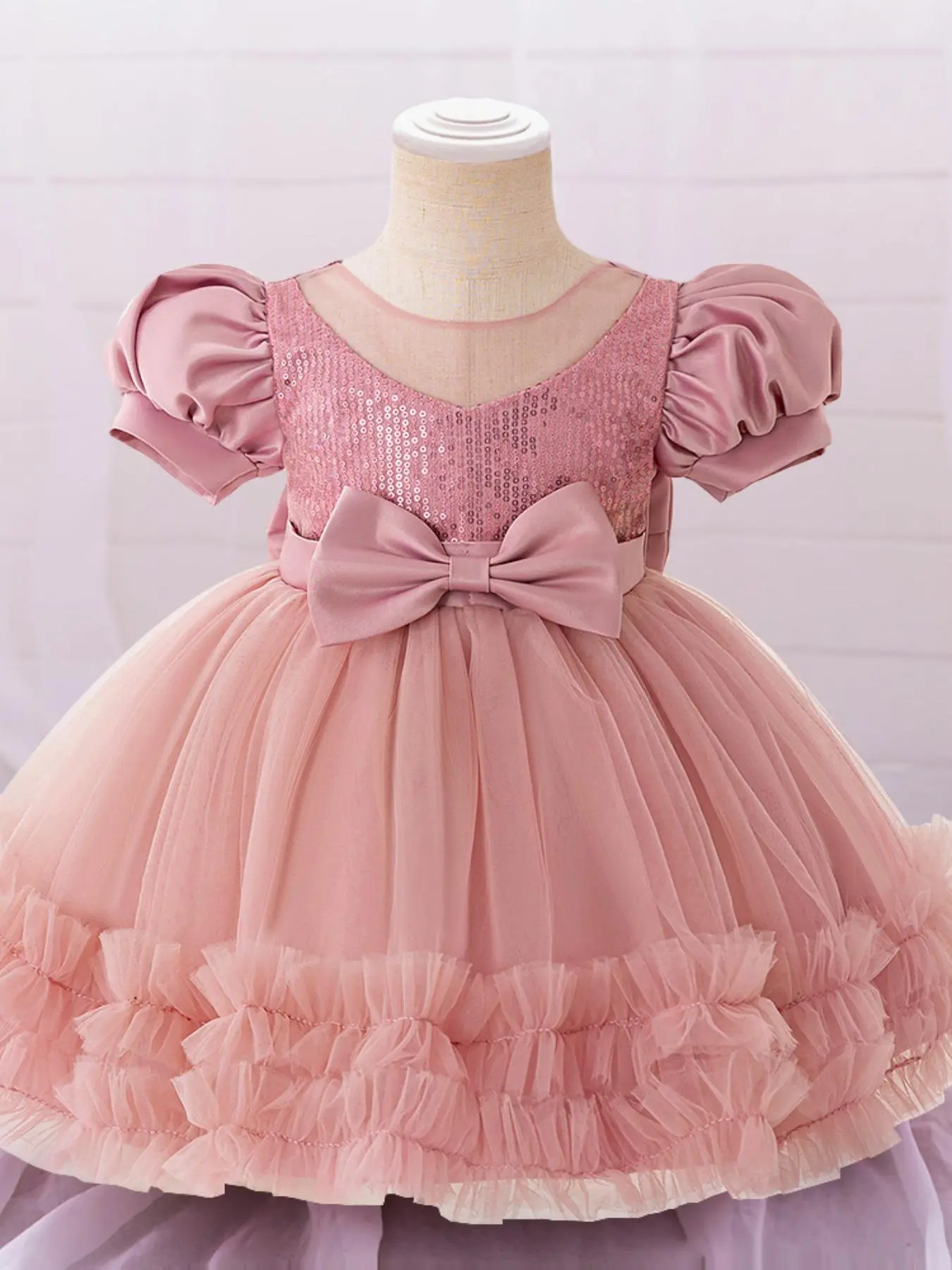Girl's Contrast Sequin Bow Decor Ruffle Trim Tulle Formal Dress, Elegant Puff Sleeve Round Neck Zipper Back A Line Dress for Party, Kids Clothes for All Seasons