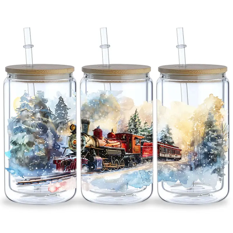 Christmas Steam Train Pattern Glass Cup Sticker, 5 Counts/set Waterproof Punk Transfer Sticker, Decorative Sticker for 16oz Glass, Cups, Crafts 5