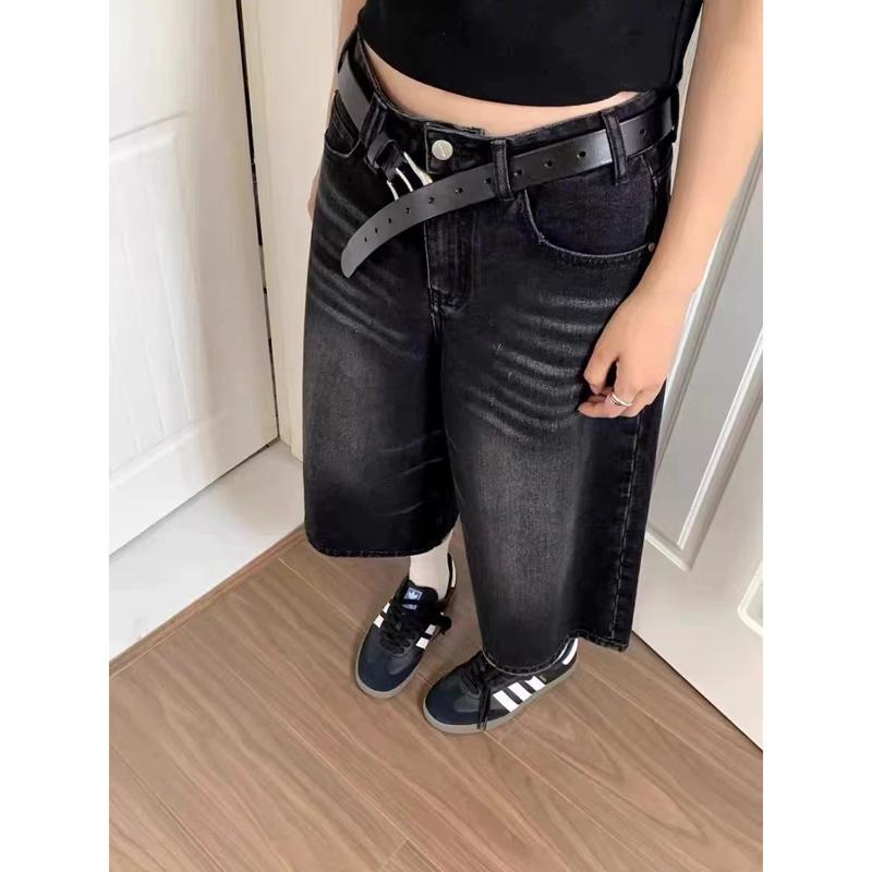 Quần Cropped Denim, Màu Đen, Dành Cho Nữ, Dáng Rộng Vừa Vặn, Quần Ống Đứng, Ngoại Cỡ, Quần Đùi 2