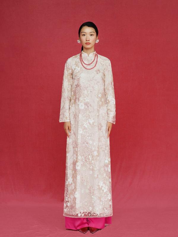   XÉO XỌ  Set áo dài Hạ Miên chất liệu kim sa dáng suông tay loe dài 