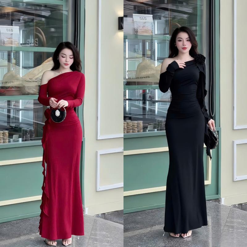 Đầm Body Dáng Dài Lệch Một Vai Tay Rớt Sang Chảnh Phối Cách Điệu Hoa Dây Tua Rua Rời Dễ Thương Xinh Xắn Mặc Được Nhiều Kiểu Chất Thun Gân Tăm Thích Hợp Đi Tiệc Đi Chơi HK