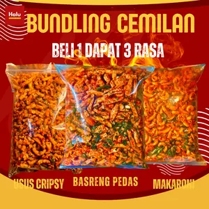 Cemilan Bundling Beli 1 dapat 3 Produk Usus Ayam Crispy Pedas 250gr, Basreng Pedas 250gr dan Makaroni Pedas 250gr