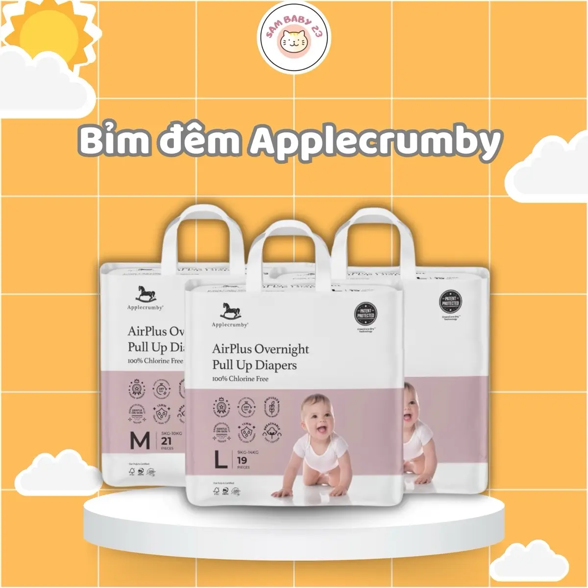 BỈM TÃ ĐÊM Applecrumby Airplus Mini Mẫu mới SIÊU KHÔ THOÁNG Cho bé đóng đêm dài