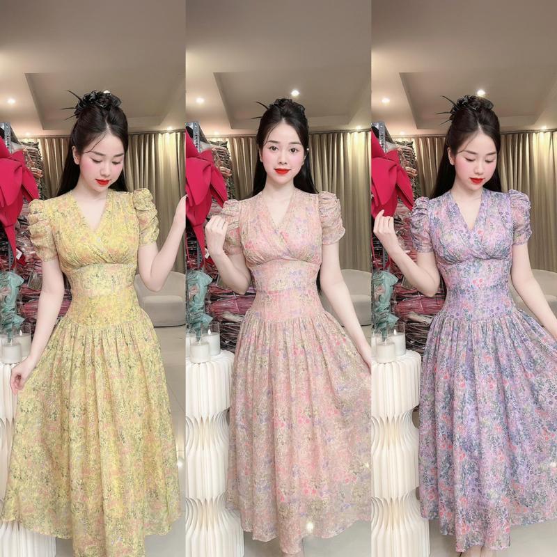 (V78) Đầm hoa thiết kế form xoè cổ V eo cách điệu váy đi dự đám cưới đầm dự tiệc sang chảnh váy đi tiệc đi làm đi chơi đều đẹp by Thương Lê V78