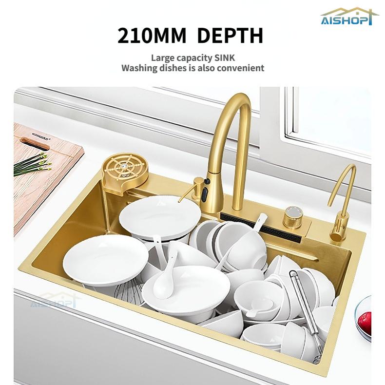 Product Introduction of [SG Seller]SUS 304 Stainless Steel Pullout Faucet Tap Gold Waterfall Kitchen Sink  Single Basin Bowl Tank Tap 7