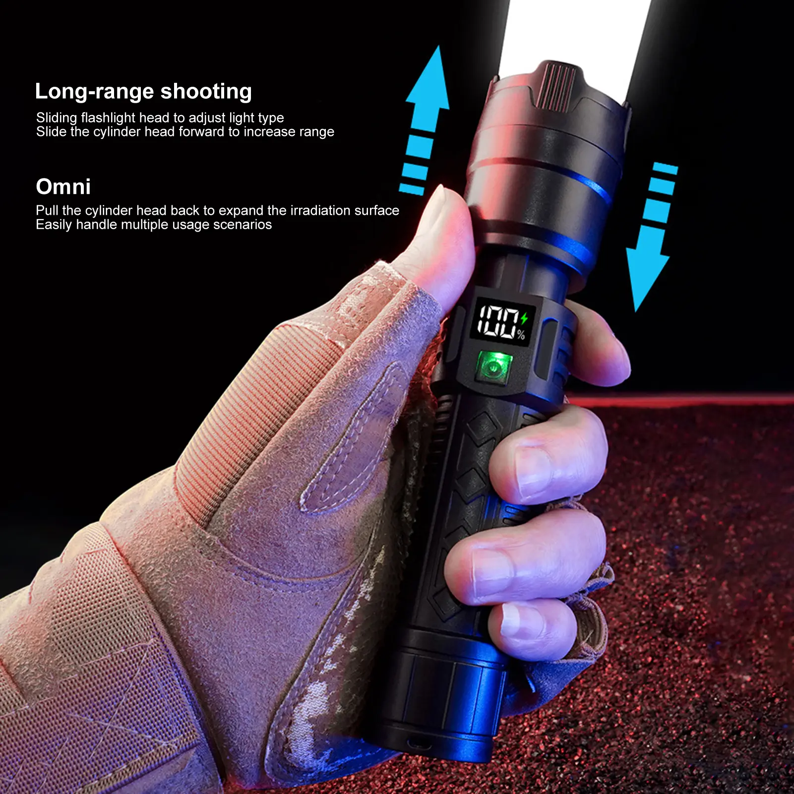 Ghostun-LED Flashlight Super Bright Digital Display IPX65 Waterproof Rechargeable Zoomable Outdoor Emergency Use Tactical Torch Light