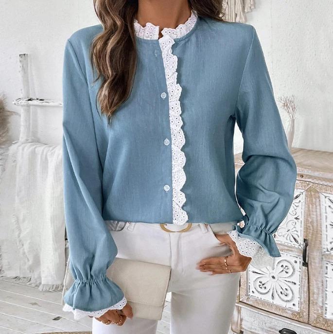 Product Introduction of Women's Elegant Style T-Shirt 2025 Autumn Winter Latest Solid Color Commuter Long Sleeved Lace Cardigan Blouses Button Up Top 9